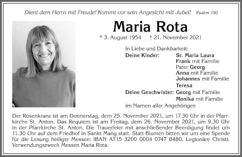 Traueranzeige von Maria Rota von Allgäuer Zeitung,Kempten