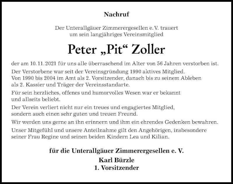 Traueranzeige von Peter  Zoller von Allgäuer Zeitung