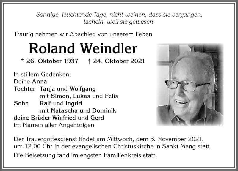 Traueranzeige von Roland Weindler von Allgäuer Zeitung,Kempten