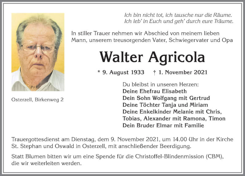 Traueranzeige von Walter Agricola von Allgäuer Zeitung, Kaufbeuren/Buchloe