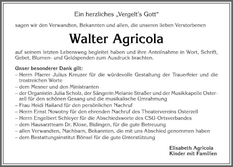 Traueranzeige von Walter Agricola von Allgäuer Zeitung, Kaufbeuren/Buchloe