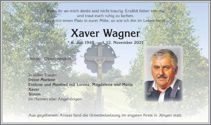 Traueranzeige von Xaver Wagner von Allgäuer Zeitung, Kaufbeuren/Buchloe