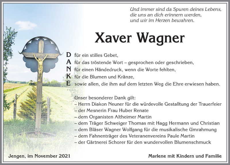 Traueranzeige von Xaver Wagner von Allgäuer Zeitung, Kaufbeuren/Buchloe