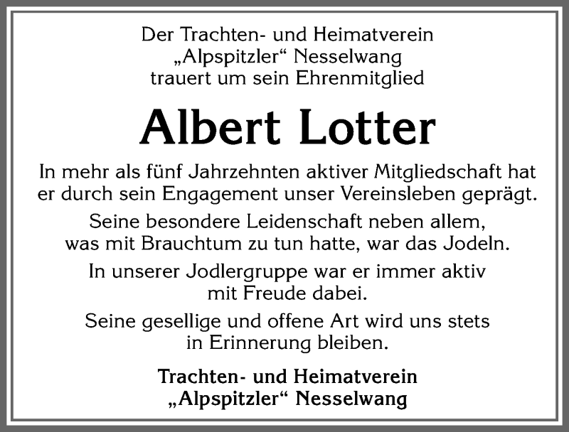 Traueranzeige von Albert Lotter von Allgäuer Zeitung, Füssen