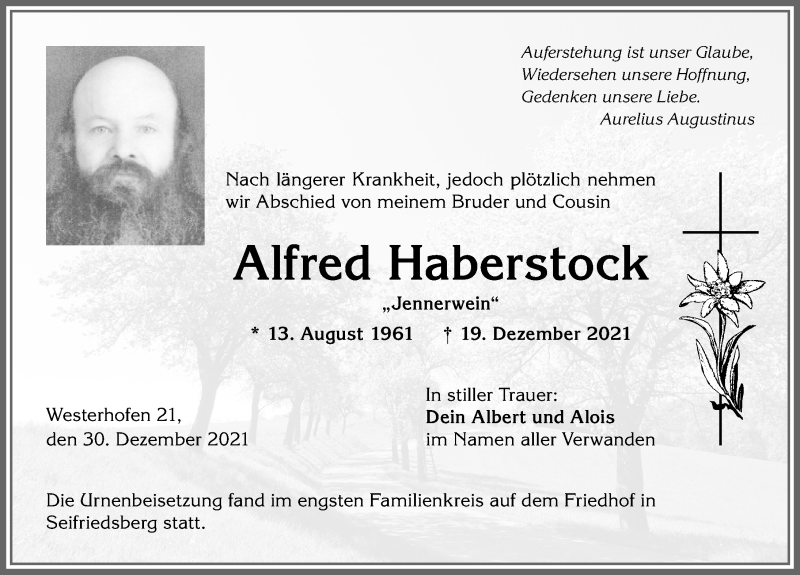 Traueranzeige von Alfred Haberstock von Allgäuer Anzeigeblatt