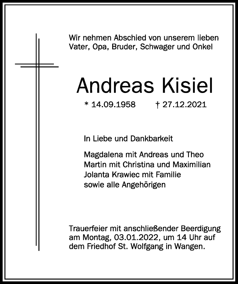 Traueranzeige von Andreas Kisiel von Der Westallgäuer