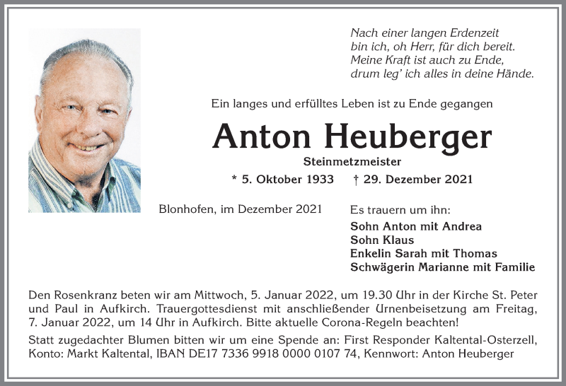 Traueranzeige von Anton Heuberger von Allgäuer Zeitung, Kaufbeuren/Buchloe