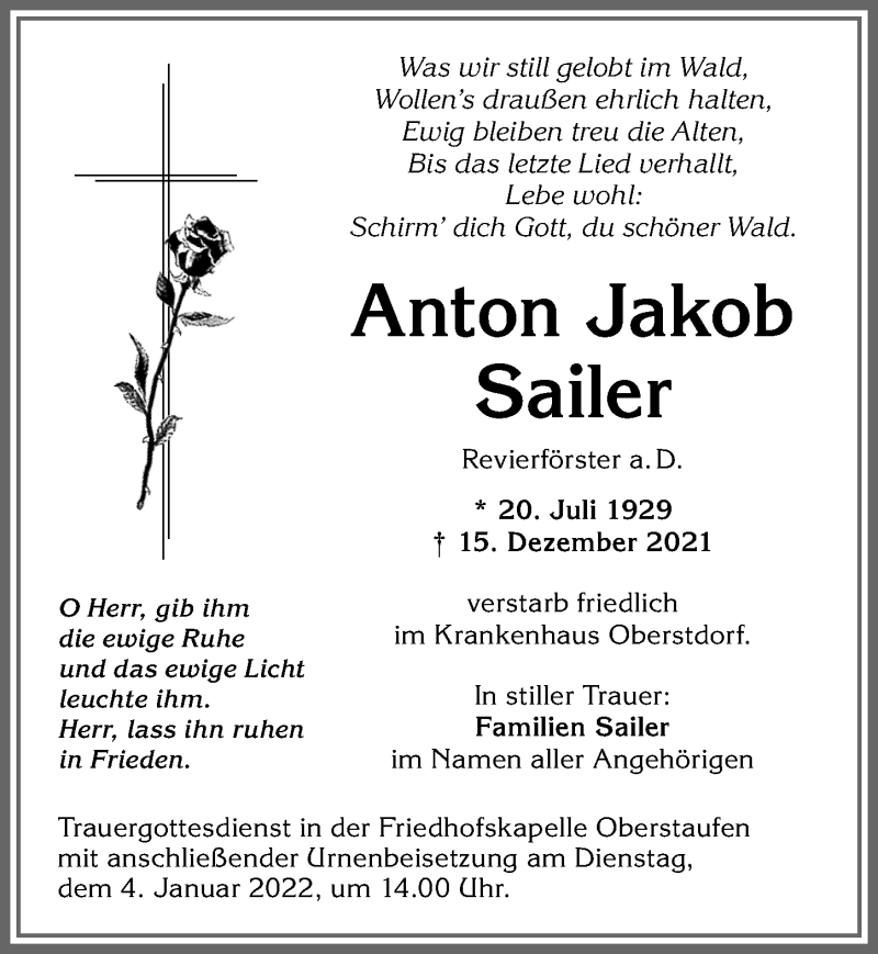 Traueranzeige von Anton Jakob Sailer von Allgäuer Anzeigeblatt