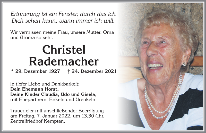 Traueranzeige von Christel Rademacher von Allgäuer Zeitung,Kempten