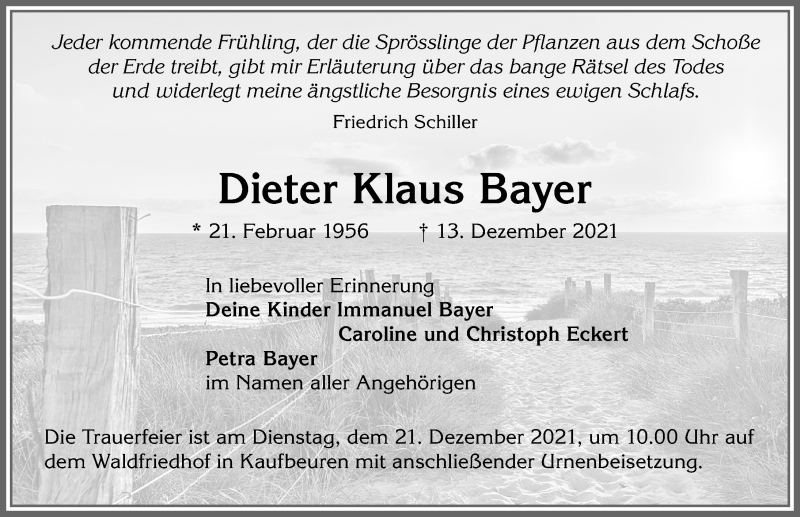 Traueranzeige von Dieter Klaus Bayer von Allgäuer Zeitung, Marktoberdorf