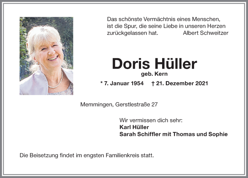 Traueranzeige von Doris Hüller von Memminger Zeitung