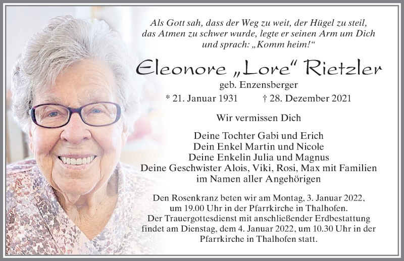 Traueranzeige von Eleonore Rietzler von Allgäuer Zeitung, Marktoberdorf