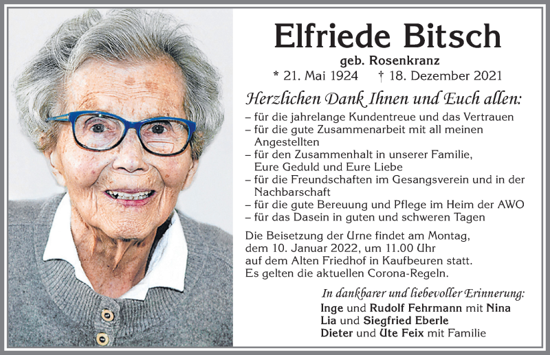 Traueranzeige von Elfriede Bitsch von Allgäuer Zeitung, Kaufbeuren/Buchloe