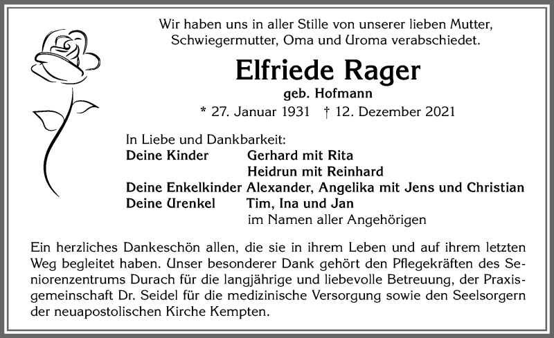 Traueranzeige von Elfriede Rager von Allgäuer Zeitung,Kempten