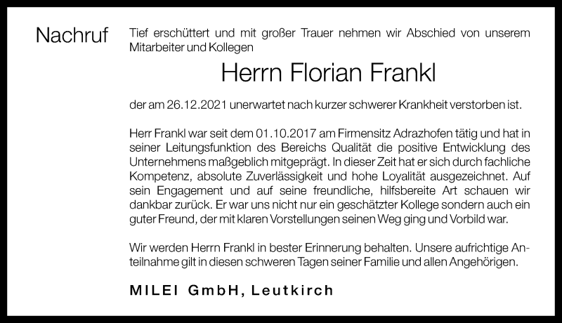 Traueranzeige von Florian Frankl von Allgäuer Zeitung, Gesamtausgabe