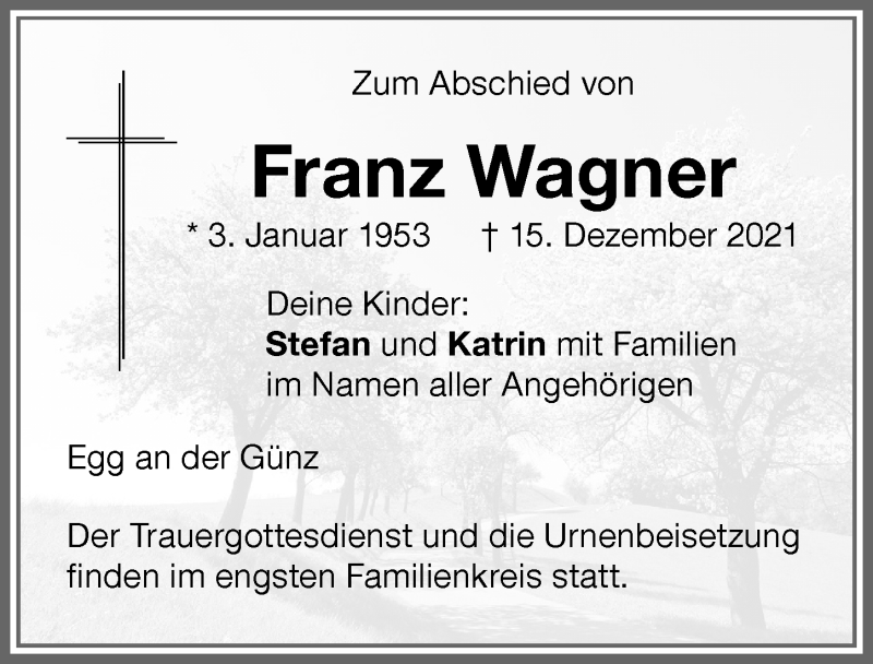 Traueranzeige von Franz Wagner von Memminger Zeitung