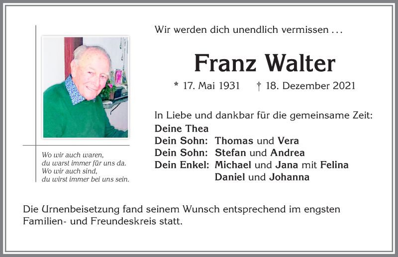 Traueranzeige von Franz Walter von Allgäuer Zeitung,Kempten