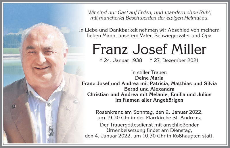 Traueranzeige von Franz Josef Miller von Allgäuer Zeitung, Füssen