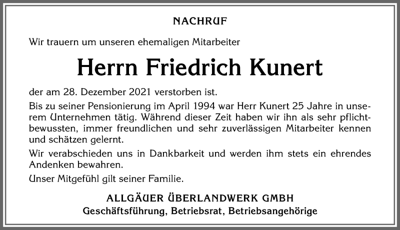 Traueranzeige von Friedrich Kunert von Allgäuer Zeitung, Füssen