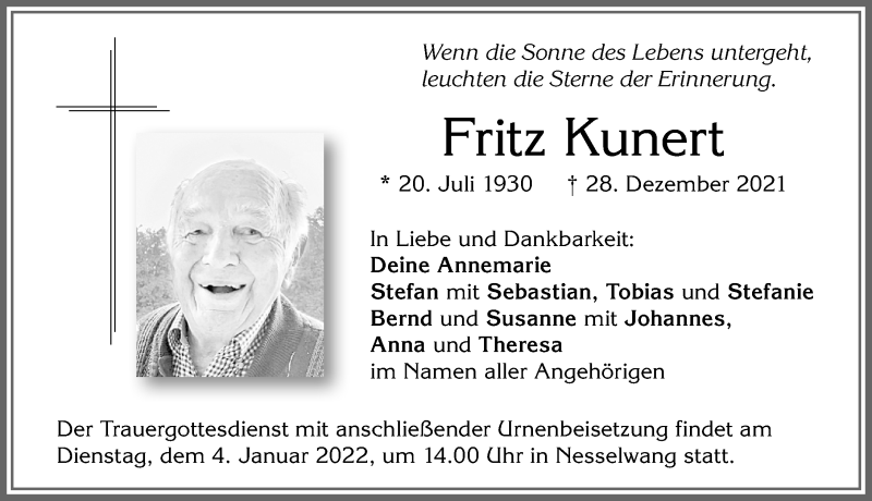 Traueranzeige von Fritz Kunert von Allgäuer Zeitung, Füssen