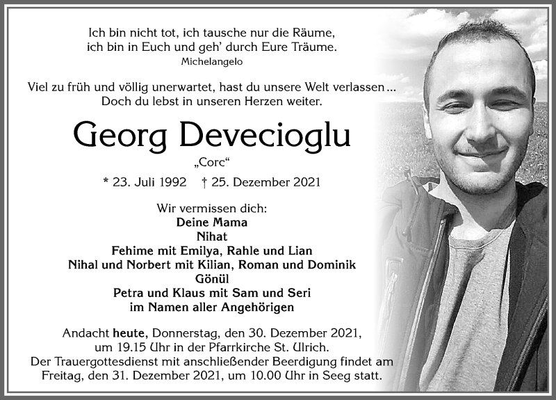 Traueranzeige von Georg Devecioglu von Allgäuer Zeitung, Füssen