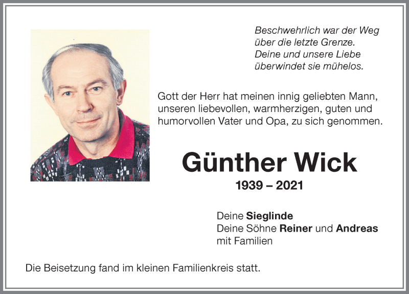 Traueranzeige von Günther Wick von Memminger Zeitung