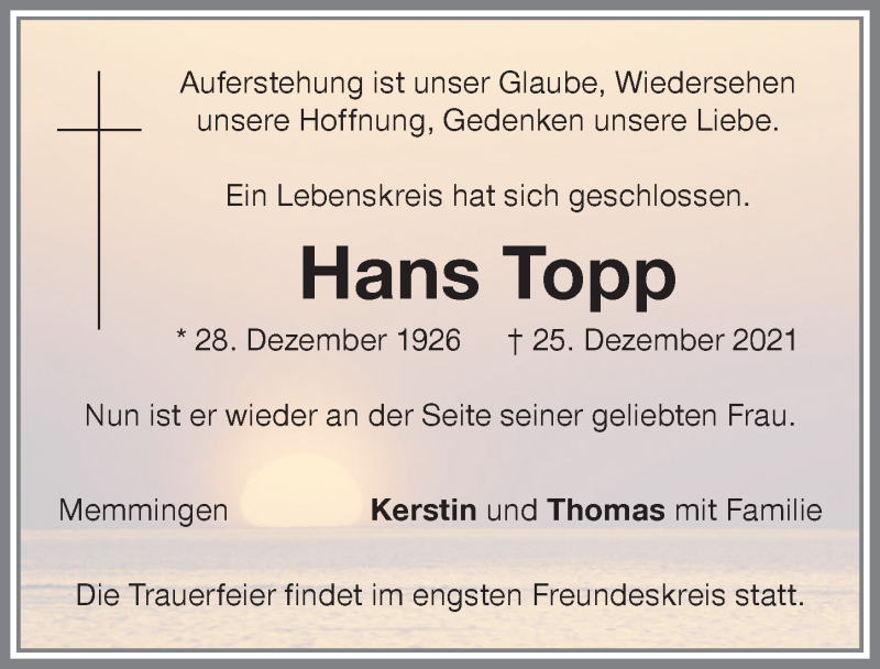 Traueranzeige von Hans Topp von Memminger Zeitung