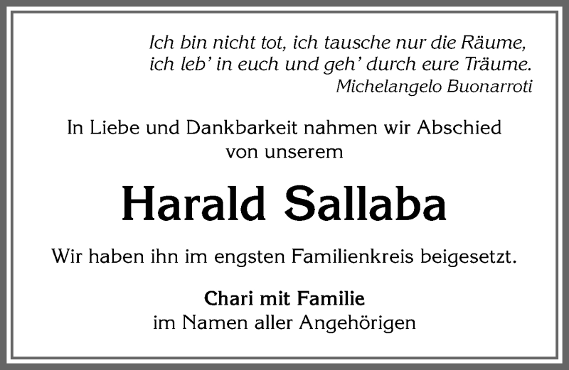 Traueranzeige von Harald Sallaba von Allgäuer Anzeigeblatt