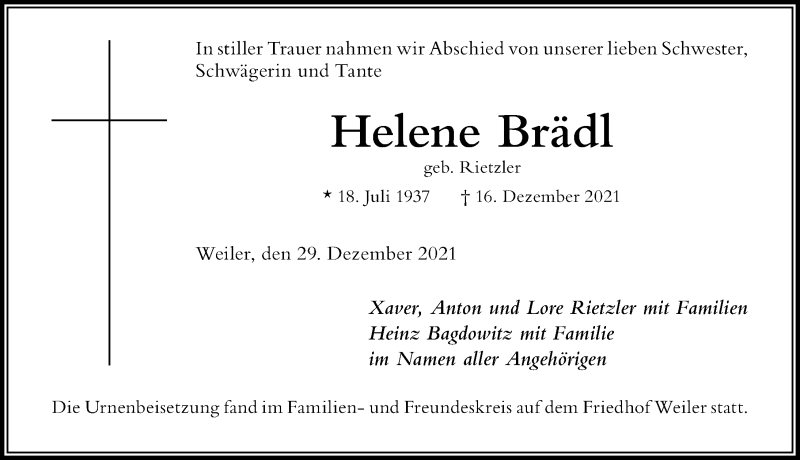 Traueranzeige von Helene Brädl von Der Westallgäuer