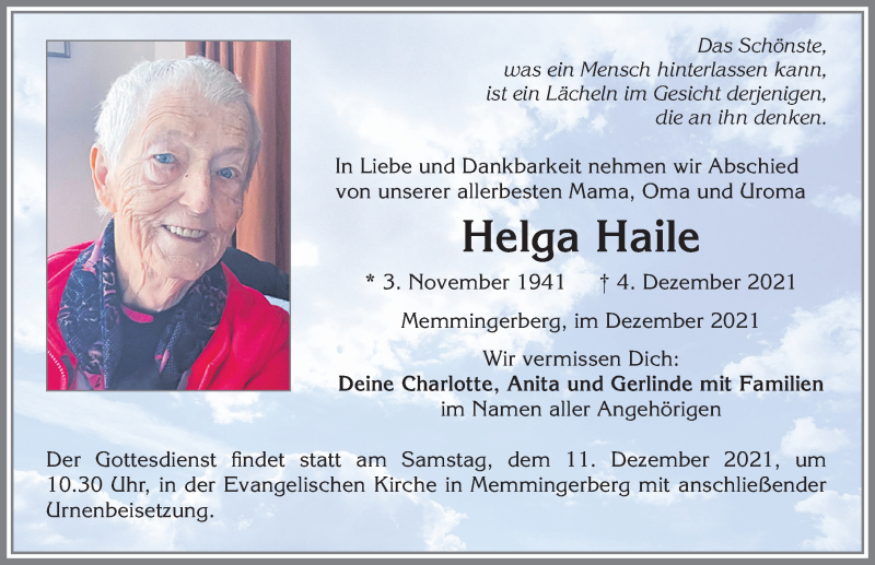 Traueranzeige von Helga Haile von Memminger Zeitung