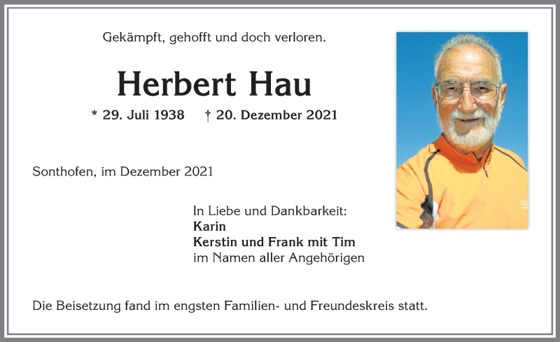 Traueranzeige von Herbert Hau von Allgäuer Anzeigeblatt