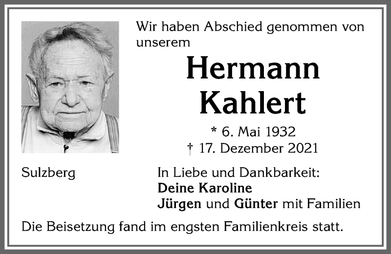 Traueranzeige von Hermann Kahlert von Allgäuer Zeitung,Kempten