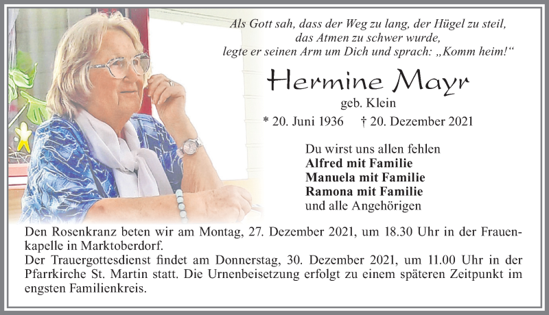 Traueranzeige von Hermine Mayr von Allgäuer Zeitung, Marktoberdorf