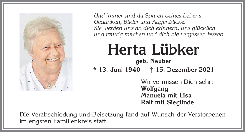 Traueranzeige von Herta Lübker von Allgäuer Zeitung,Kempten