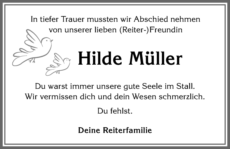 Traueranzeige von Hilde Müller von Allgäuer Anzeigeblatt