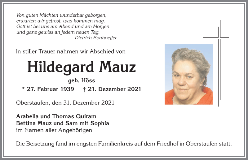 Traueranzeige von Hildegard Mauz von Allgäuer Anzeigeblatt