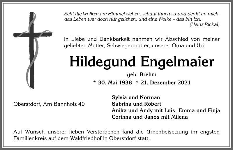 Traueranzeige von Hildegund Engelmaier von Allgäuer Anzeigeblatt