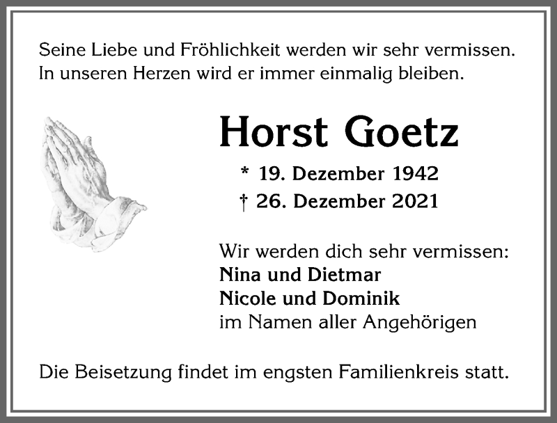 Traueranzeige von Horst Goetz von Allgäuer Anzeigeblatt