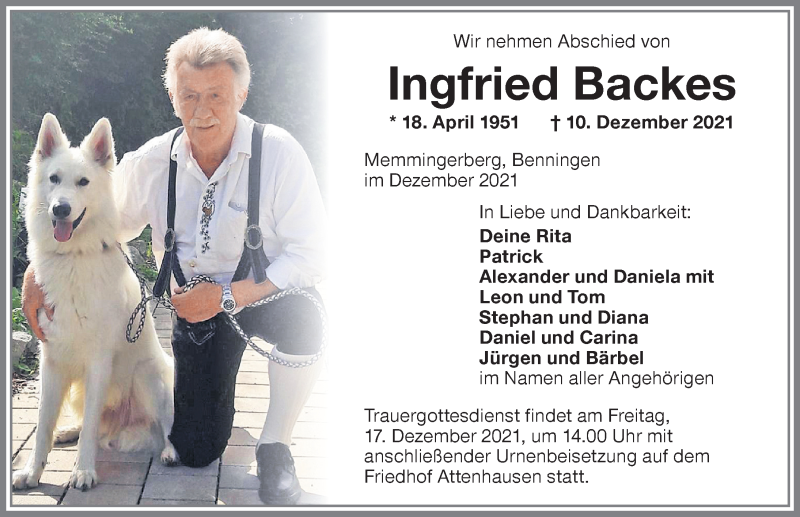 Traueranzeige von Ingfried Backes von Memminger Zeitung