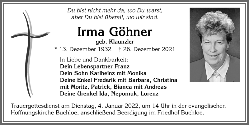 Traueranzeige von Irma Göhner von Allgäuer Zeitung, Kaufbeuren/Buchloe