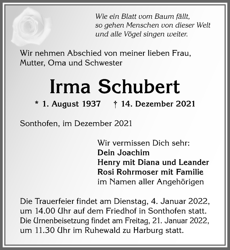 Traueranzeige von Irma Schubert von Allgäuer Anzeigeblatt