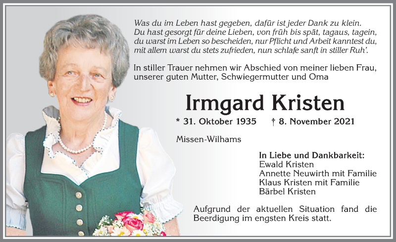 Traueranzeige von Irmgard Kristen von Allgäuer Anzeigeblatt