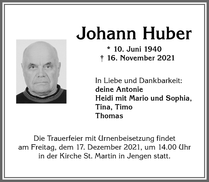 Traueranzeige von Johann Huber von Allgäuer Zeitung, Kaufbeuren/Buchloe