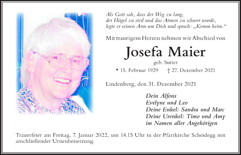 Traueranzeige von Josefa Maier von Der Westallgäuer