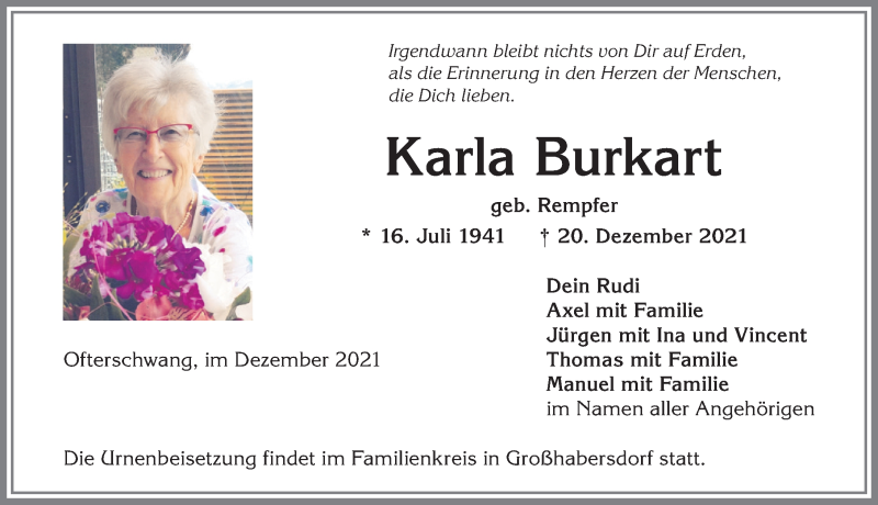 Traueranzeige von Karla Burkart von Allgäuer Anzeigeblatt