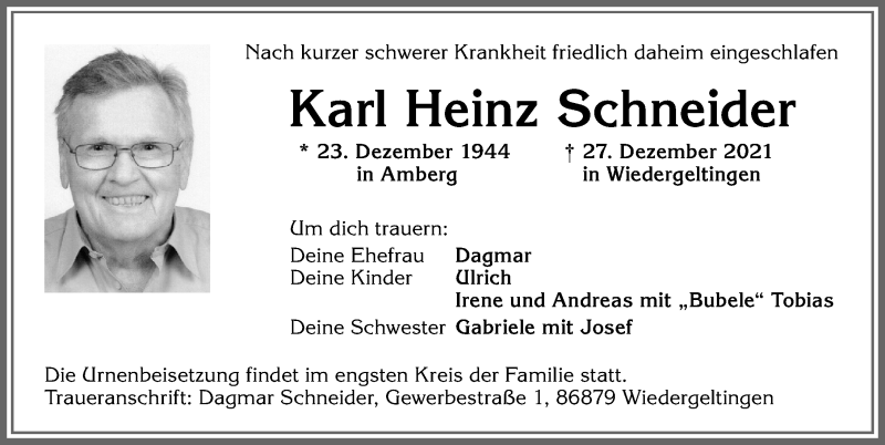 Traueranzeige von Karl Heinz Schneider von Allgäuer Zeitung, Kaufbeuren/Buchloe