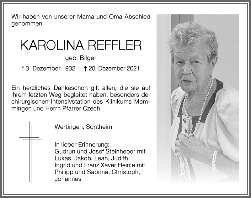 Traueranzeige von Karolina Reffler von Memminger Zeitung