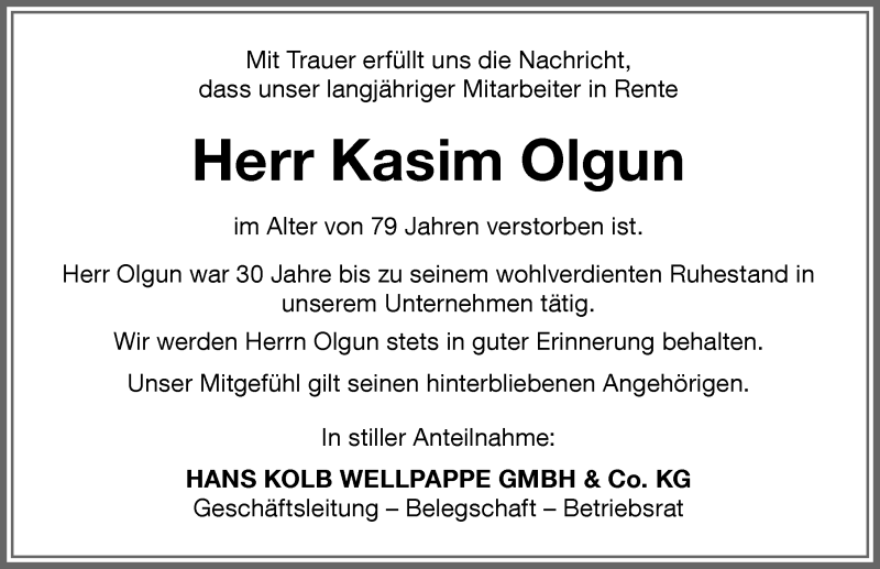 Traueranzeige von Kasim Olgun von Memminger Zeitung