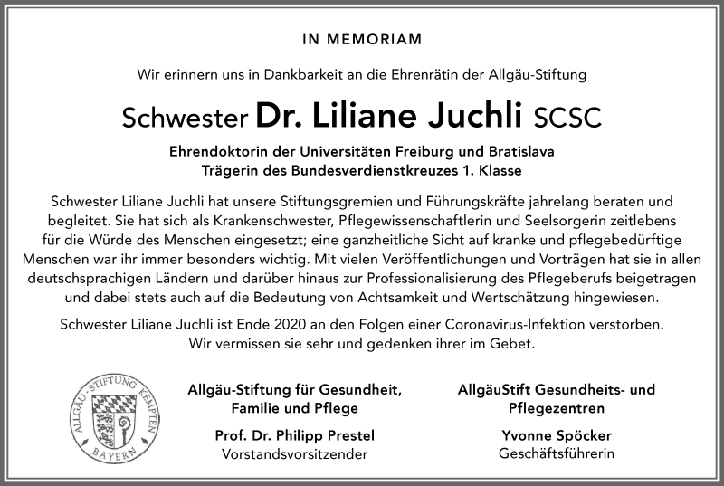 Traueranzeige von Liliane Juchli von Allgäuer Zeitung, Gesamtausgabe