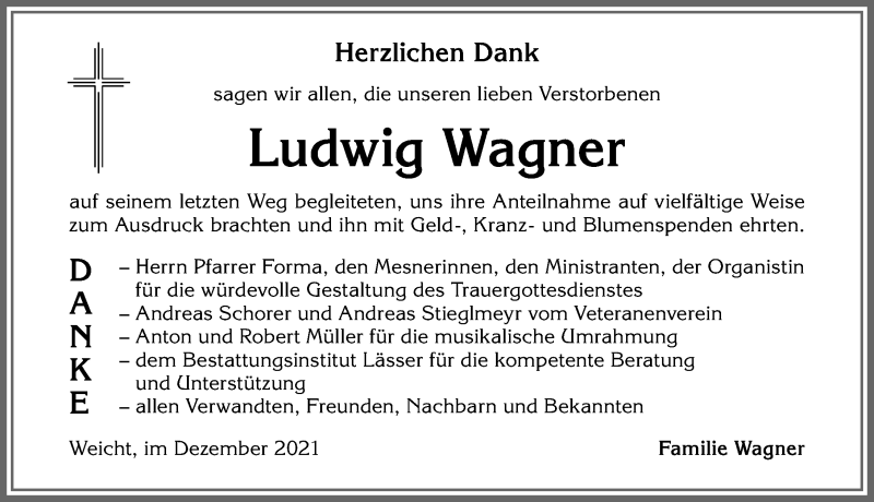 Traueranzeige von Ludwig Wagner von Allgäuer Zeitung, Kaufbeuren/Buchloe